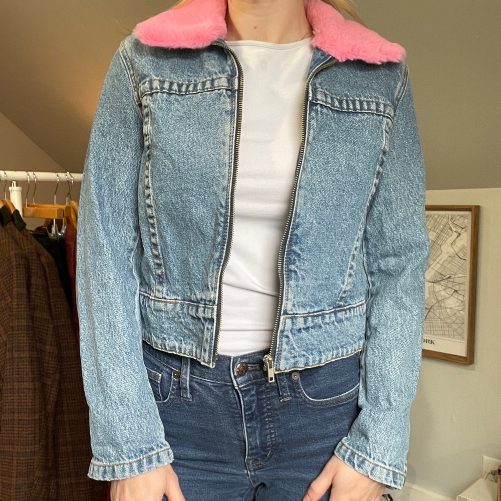 J. Galt Denim Cropped Jacket with pink faux fur collar